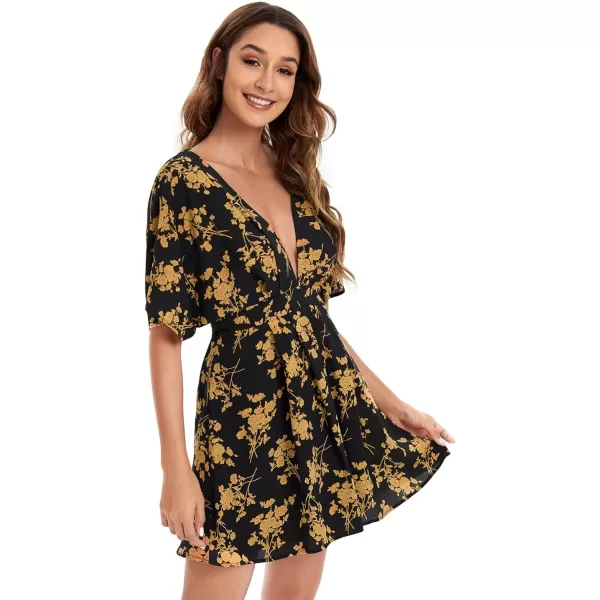 Floerns Women's Tropical Floral Plunging V Neck Tie Open Back Summer Short Dress