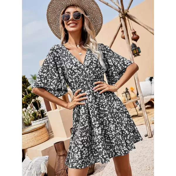 Floerns Women's Tropical Floral Plunging V Neck Tie Open Back Summer Short Dress