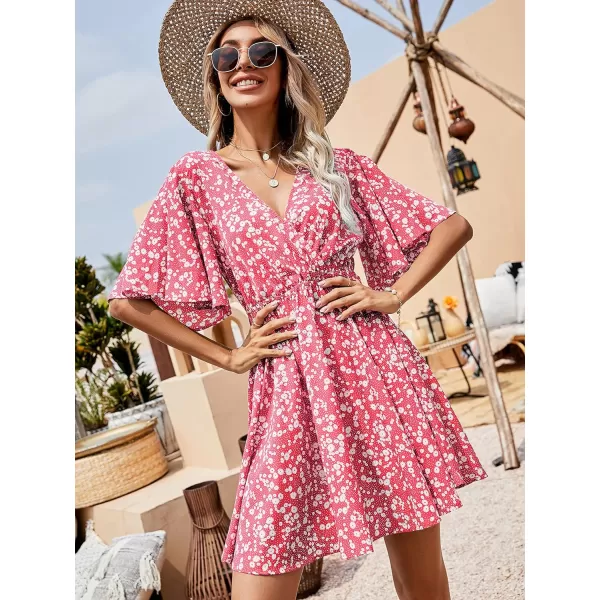 Floerns Women's Tropical Floral Plunging V Neck Tie Open Back Summer Short Dress