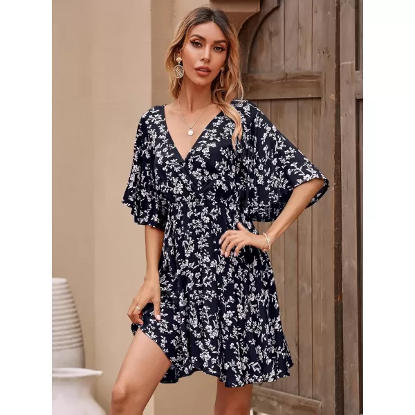 Floerns Women's Tropical Floral Plunging V Neck Tie Open Back Summer Short Dress
