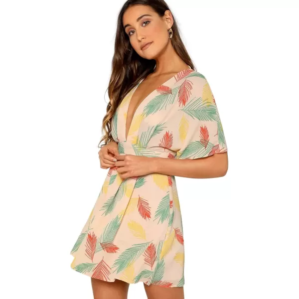 Floerns Women's Tropical Floral Plunging V Neck Tie Open Back Summer Short Dress