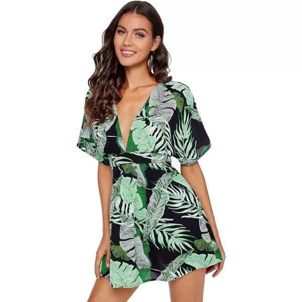 Floerns Women's Tropical Floral Plunging V Neck Tie Open Back Summer Short Dress