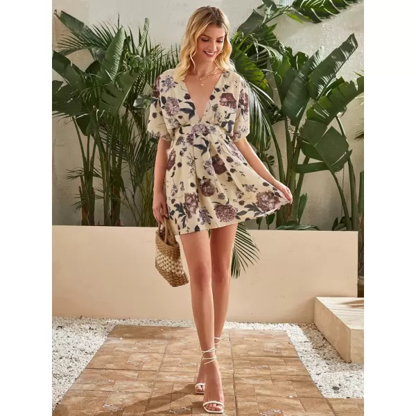 Floerns Women's Tropical Floral Plunging V Neck Tie Open Back Summer Short Dress