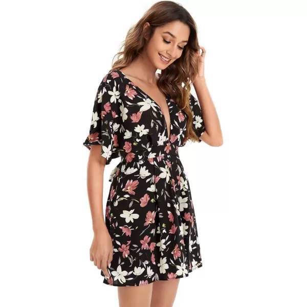 Floerns Women's Tropical Floral Plunging V Neck Tie Open Back Summer Short Dress