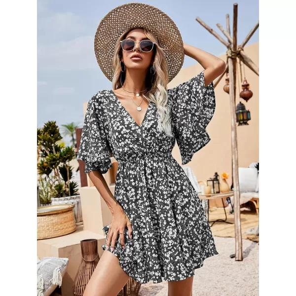 Floerns Women's Tropical Floral Plunging V Neck Tie Open Back Summer Short Dress