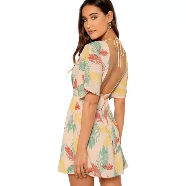 Floerns Women's Tropical Floral Plunging V Neck Tie Open Back Summer Short Dress
