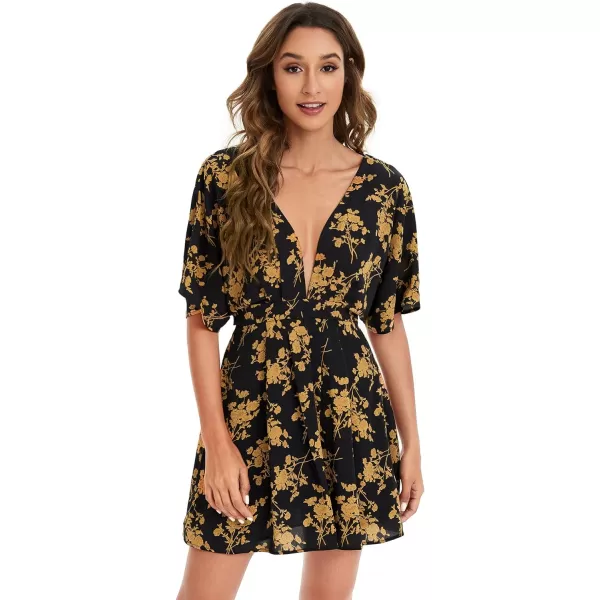 Floerns Women's Tropical Floral Plunging V Neck Tie Open Back Summer Short Dress