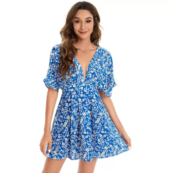 Floerns Women's Tropical Floral Plunging V Neck Tie Open Back Summer Short Dress