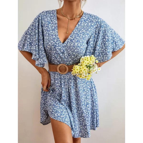 Floerns Women's Tropical Floral Plunging V Neck Tie Open Back Summer Short Dress