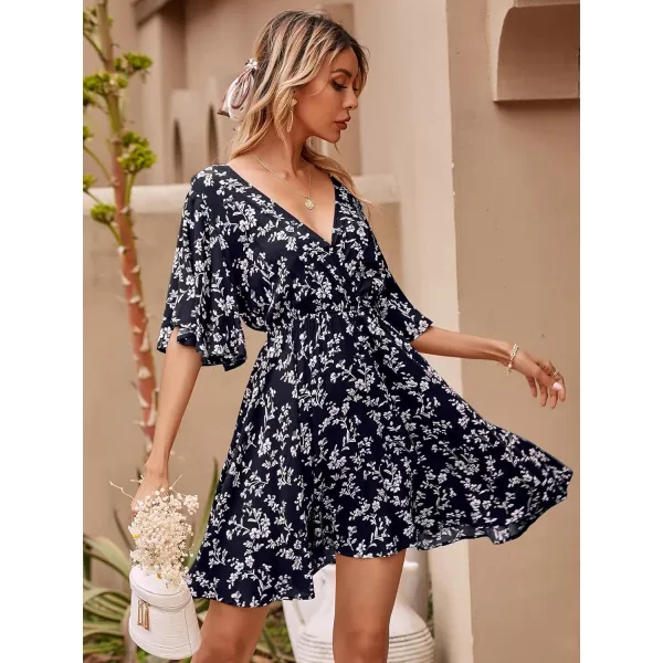 Floerns Women's Tropical Floral Plunging V Neck Tie Open Back Summer Short Dress