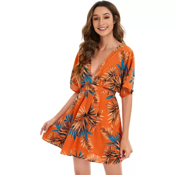 Floerns Women's Tropical Floral Plunging V Neck Tie Open Back Summer Short Dress