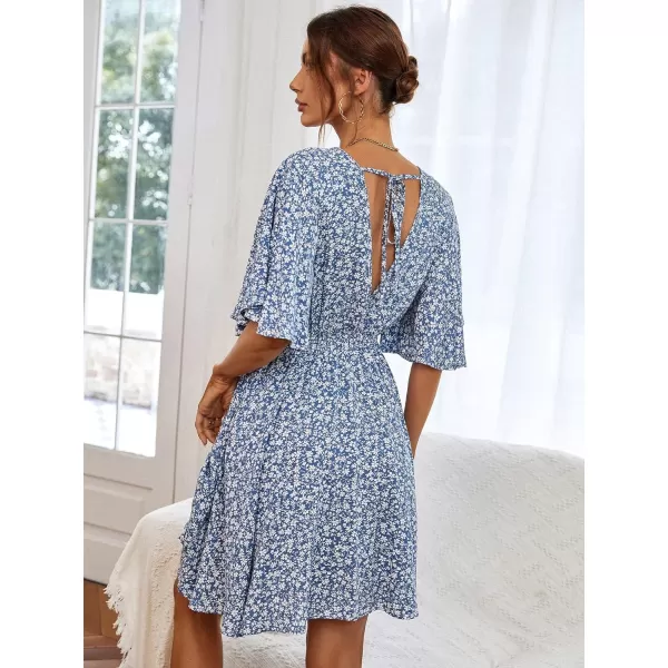 Floerns Women's Tropical Floral Plunging V Neck Tie Open Back Summer Short Dress