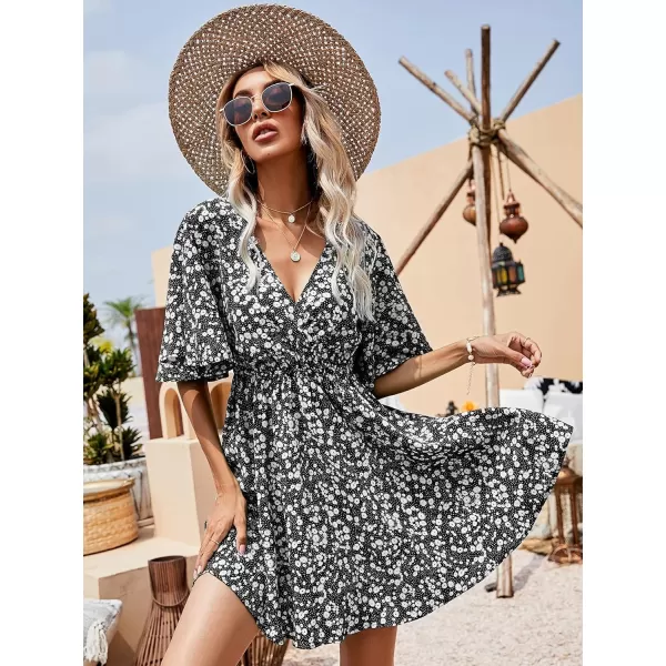 Floerns Women's Tropical Floral Plunging V Neck Tie Open Back Summer Short Dress