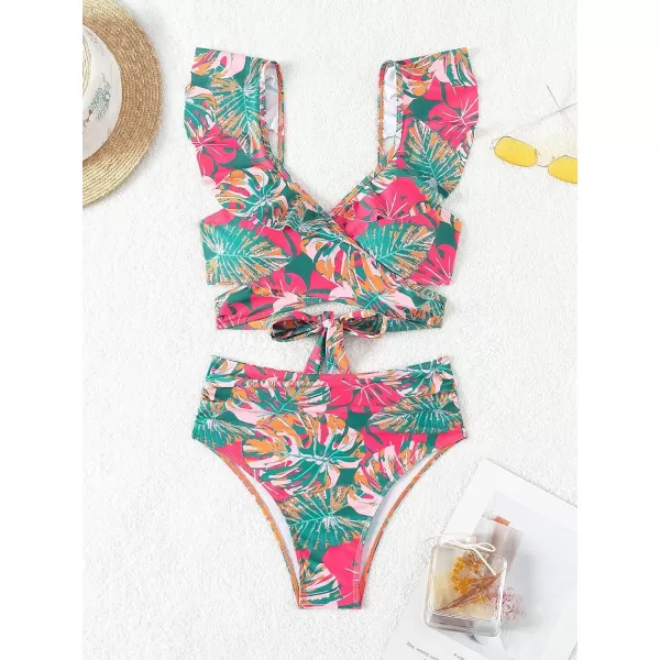 Floerns Women's Two Piece Bikini Set Tropical Print Ruffle Trim Bathing Suit