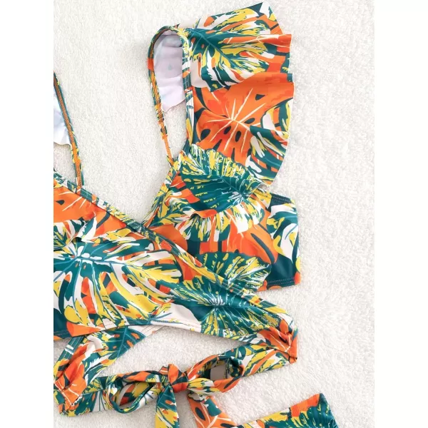 Floerns Women's Two Piece Bikini Set Tropical Print Ruffle Trim Bathing Suit