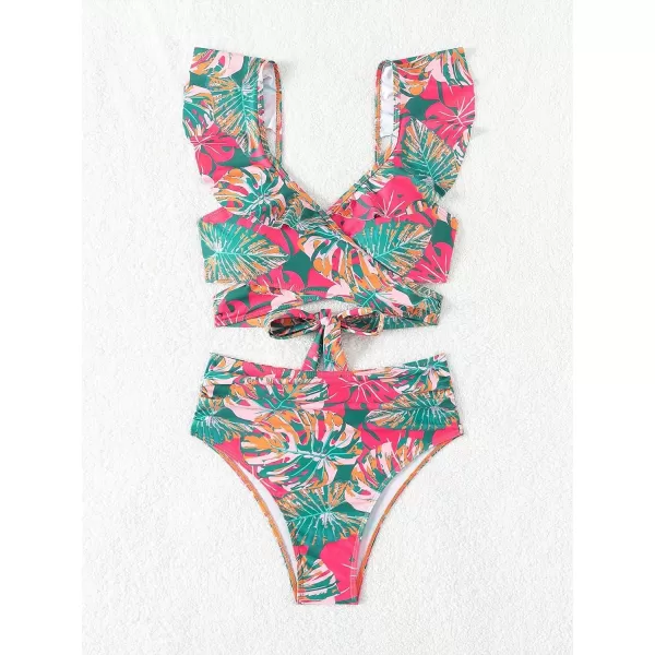 Floerns Women's Two Piece Bikini Set Tropical Print Ruffle Trim Bathing Suit