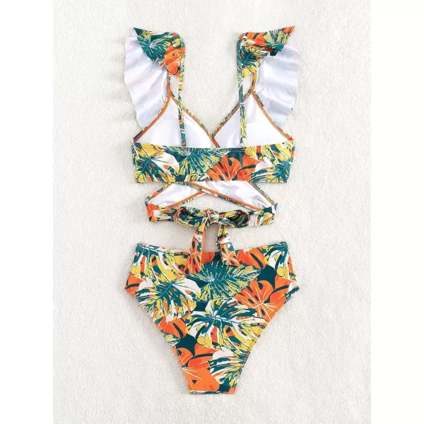 Floerns Women's Two Piece Bikini Set Tropical Print Ruffle Trim Bathing Suit