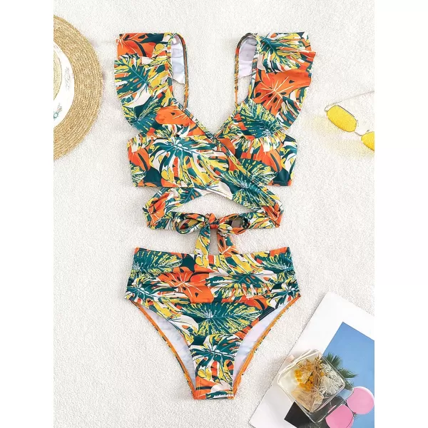 Floerns Women's Two Piece Bikini Set Tropical Print Ruffle Trim Bathing Suit