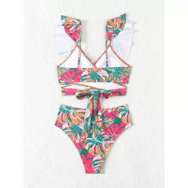 Floerns Women's Two Piece Bikini Set Tropical Print Ruffle Trim Bathing Suit