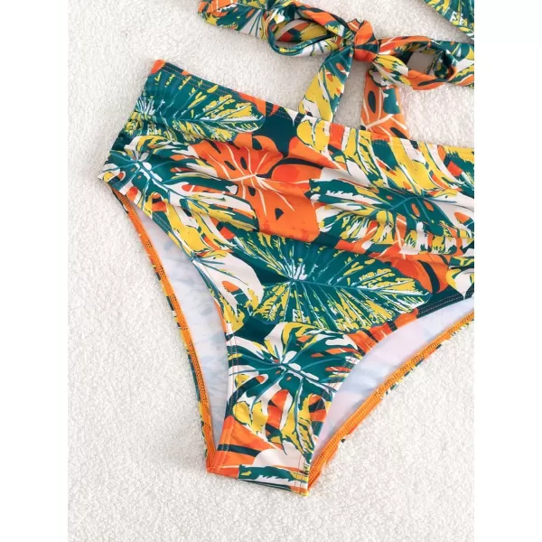 Floerns Women's Two Piece Bikini Set Tropical Print Ruffle Trim Bathing Suit