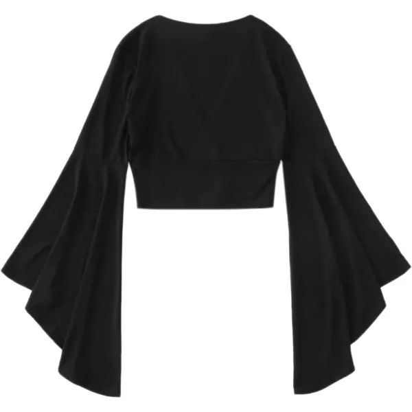 Floerns Women's V Neck Long Bell Sleeve Wrap Blouse Top Tee Shirts