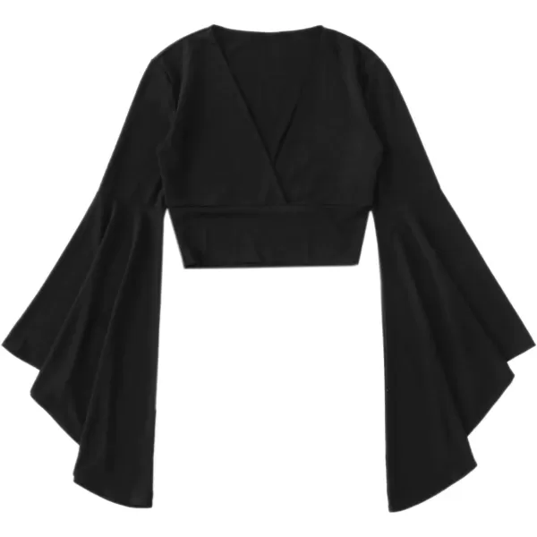 Floerns Women's V Neck Long Bell Sleeve Wrap Blouse Top Tee Shirts