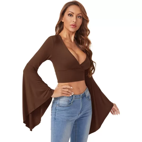 Floerns Women's V Neck Long Bell Sleeve Wrap Blouse Top Tee Shirts