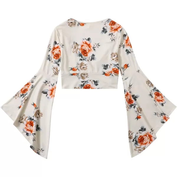 Floerns Women's V Neck Long Bell Sleeve Wrap Blouse Top Tee Shirts