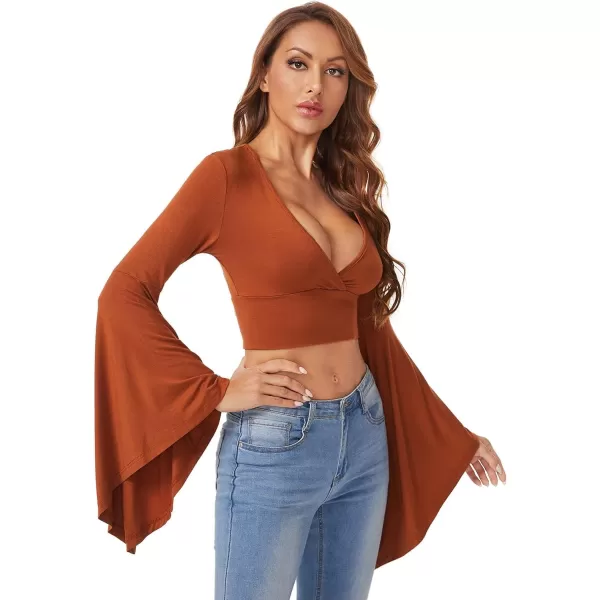 Floerns Women's V Neck Long Bell Sleeve Wrap Blouse Top Tee Shirts