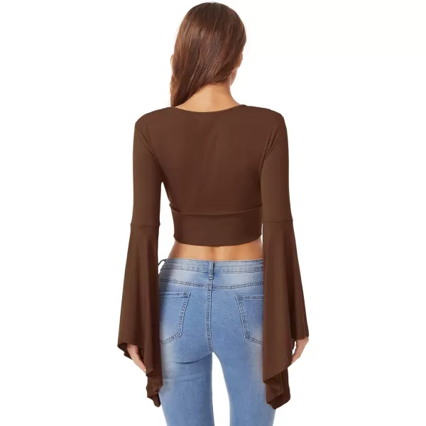 Floerns Women's V Neck Long Bell Sleeve Wrap Blouse Top Tee Shirts