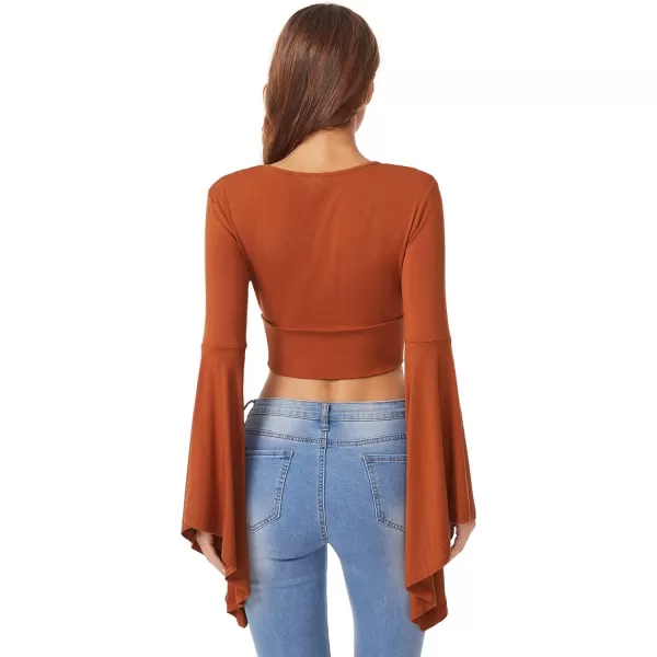 Floerns Women's V Neck Long Bell Sleeve Wrap Blouse Top Tee Shirts