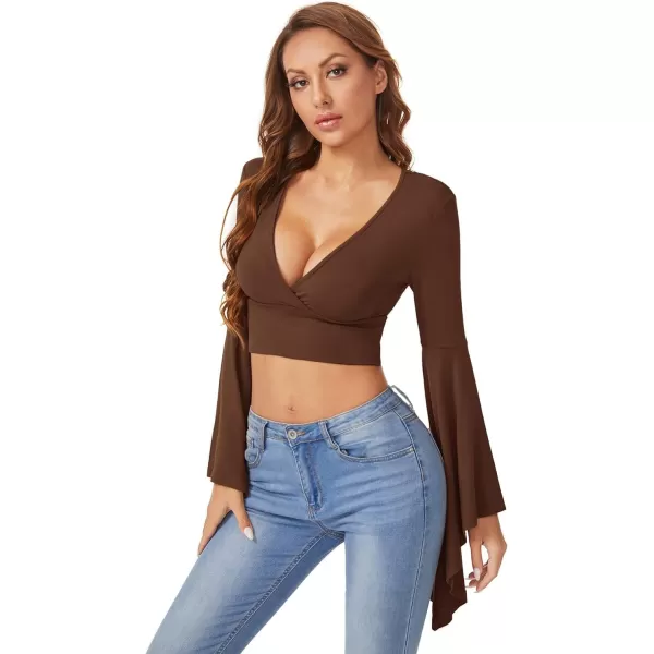 Floerns Women's V Neck Long Bell Sleeve Wrap Blouse Top Tee Shirts