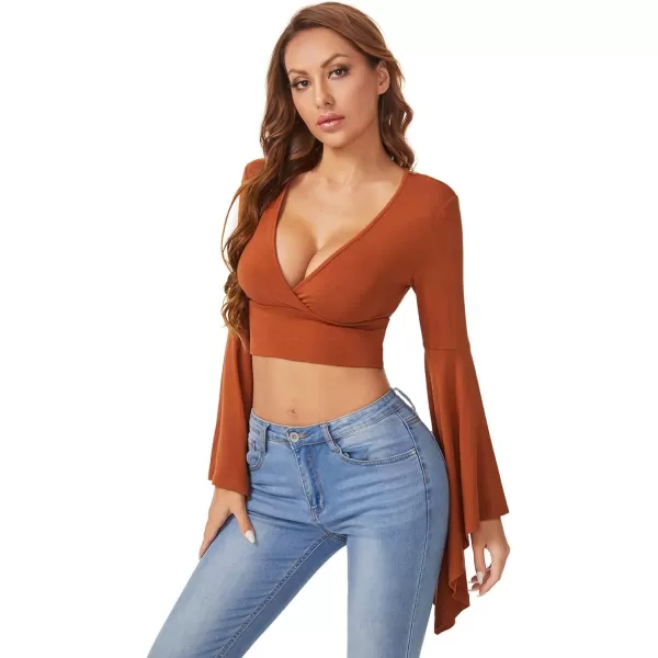Floerns Women's V Neck Long Bell Sleeve Wrap Blouse Top Tee Shirts