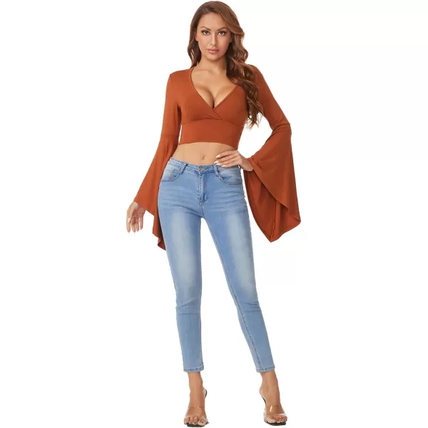 Floerns Women's V Neck Long Bell Sleeve Wrap Blouse Top Tee Shirts