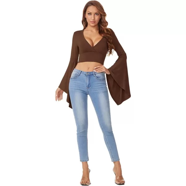 Floerns Women's V Neck Long Bell Sleeve Wrap Blouse Top Tee Shirts