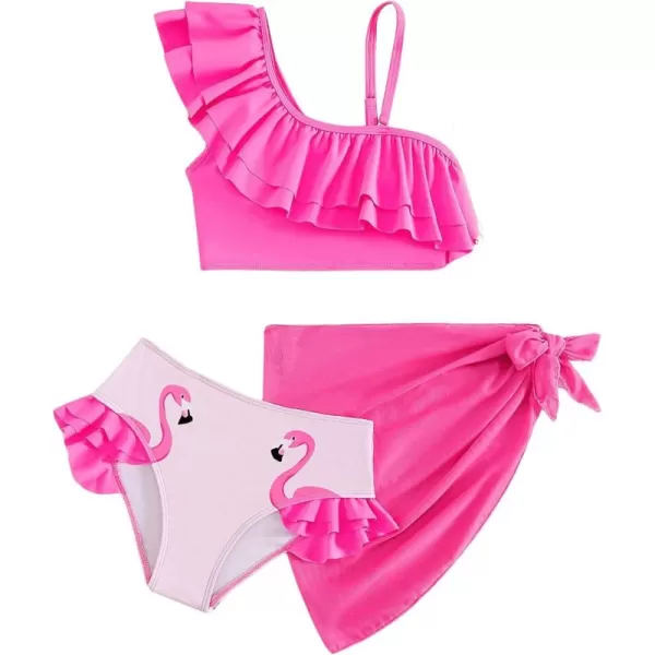 Floerns Girl's 3 Piece Bathing Suit Flamingo Ruffle Trim Bikini Set with Beach Skirt