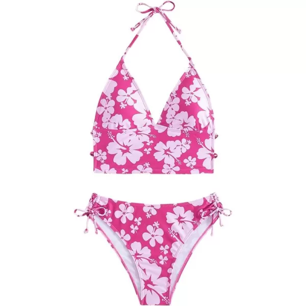Floerns Women's 2 Piece Floral Print Halter Tie Back Crop Top and Bottoms Bikini Set