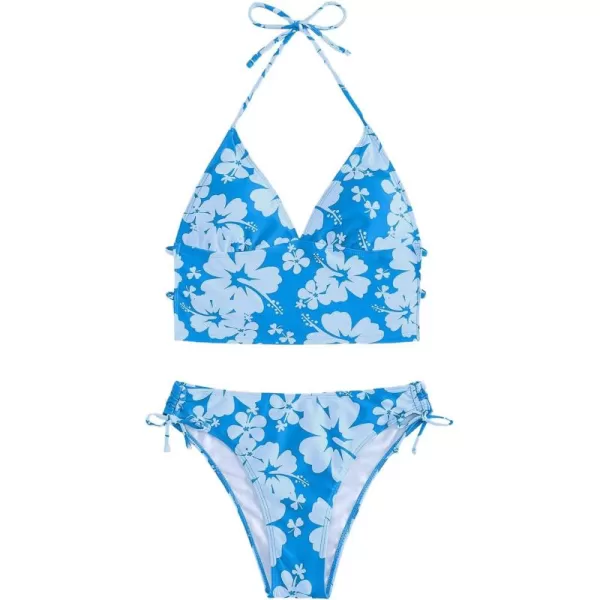 Floerns Women's 2 Piece Floral Print Halter Tie Back Crop Top and Bottoms Bikini Set