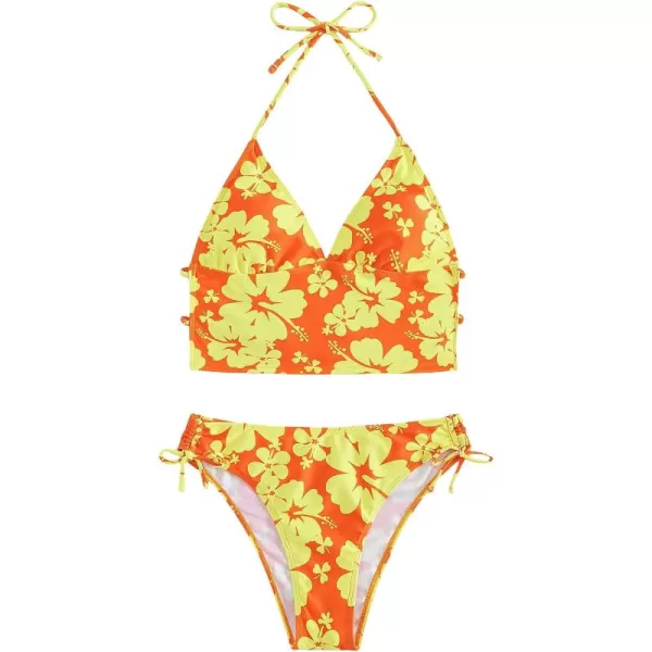 Floerns Women's 2 Piece Floral Print Halter Tie Back Crop Top and Bottoms Bikini Set