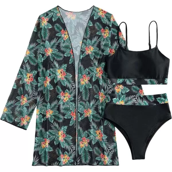 Floerns Women's 3 Piece Bathing Suit Tropical Print Bikini Set with Kimono Cover Up