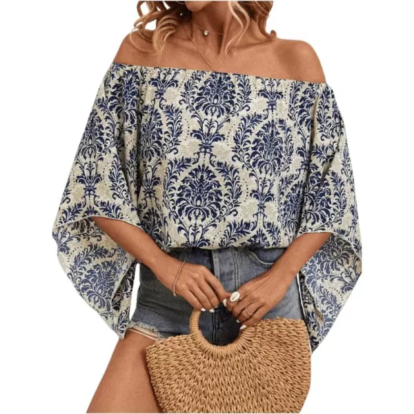 Floerns Women's Boho Off Shoulder 3/4 Bell Sleeve Summer Blouse Top