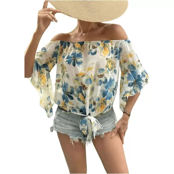 Floerns Women's Boho Off Shoulder 3/4 Bell Sleeve Summer Blouse Top