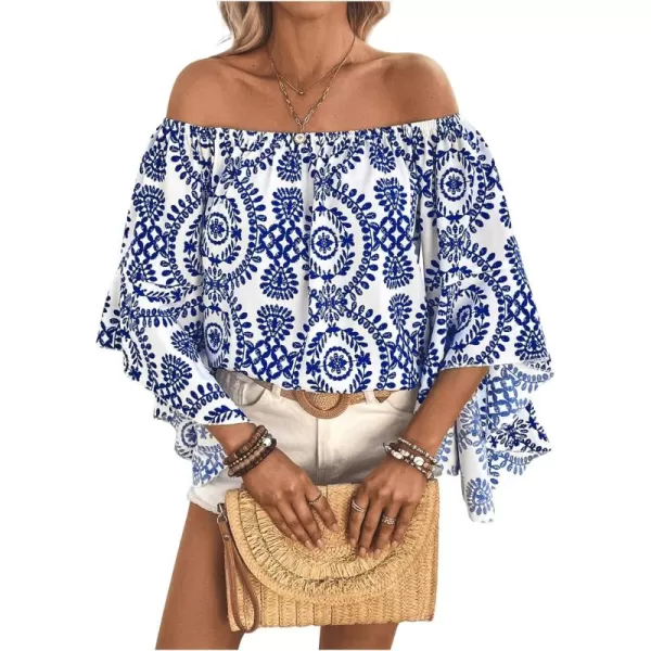 Floerns Women's Boho Off Shoulder 3/4 Bell Sleeve Summer Blouse Top