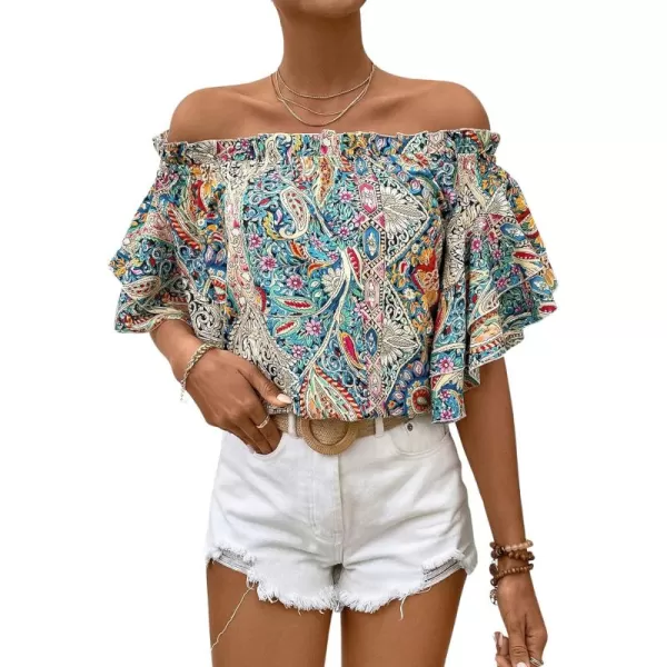 Floerns Women's Boho Off Shoulder 3/4 Bell Sleeve Summer Blouse Top