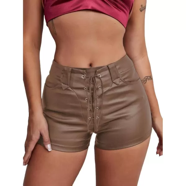 Floerns Women's Eyelets Drawstring Front High Waisted Solid Leather Shorts