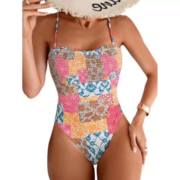 Floerns Women's Floral Print Monokini Swimwear Drawstring One Piece Swimsuit