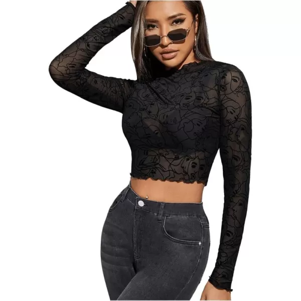 Floerns Women's Mock Neck Long Sleeve See Though Sheer Mesh Tops Tee Shirt