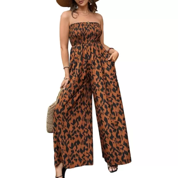 Floerns Women's Palm Leaf Print Shirred Back Button Cami Palazzo Jumpsuit