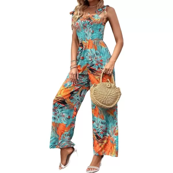 Floerns Women's Palm Leaf Print Shirred Back Button Cami Palazzo Jumpsuit