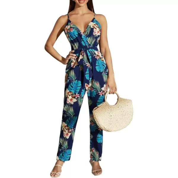 Floerns Women's Palm Leaf Print Shirred Back Button Cami Palazzo Jumpsuit